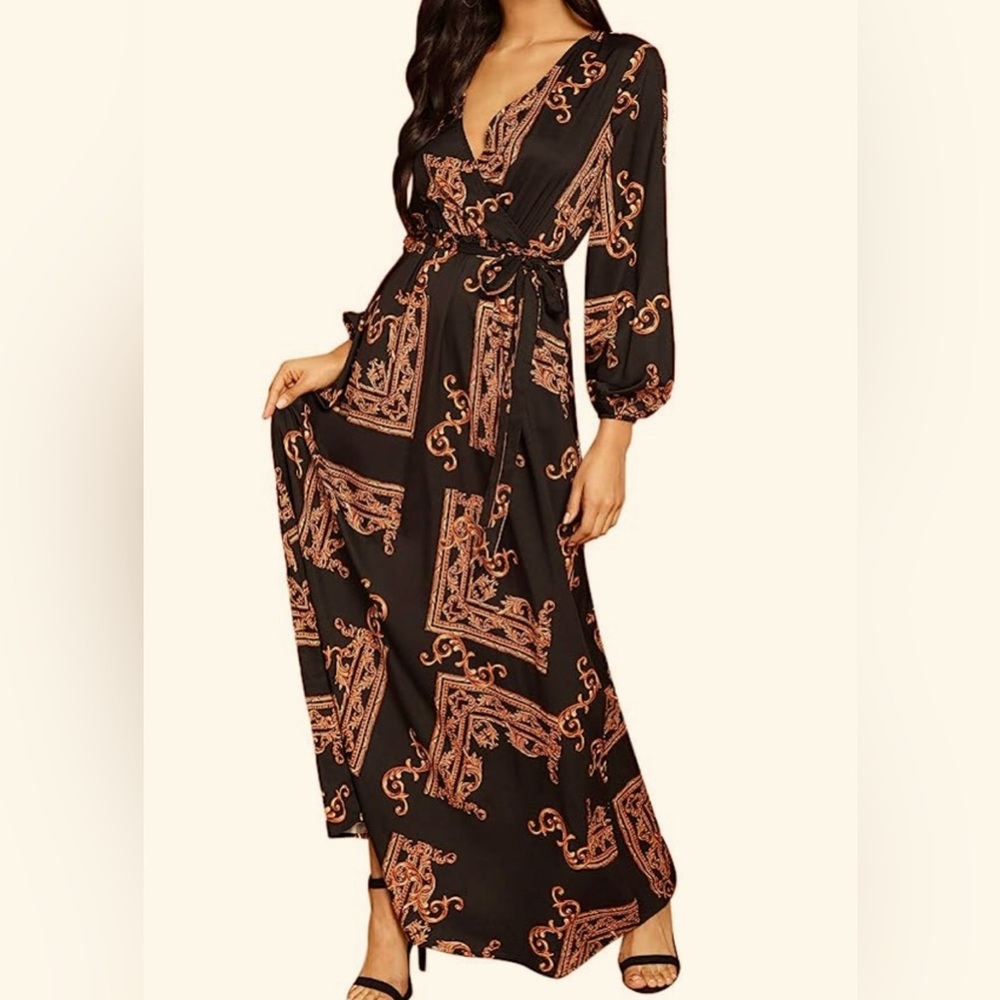 Milumia Women Scarf Print Belted V Neck Long Sleeve Boho Maxi Wrap Dress